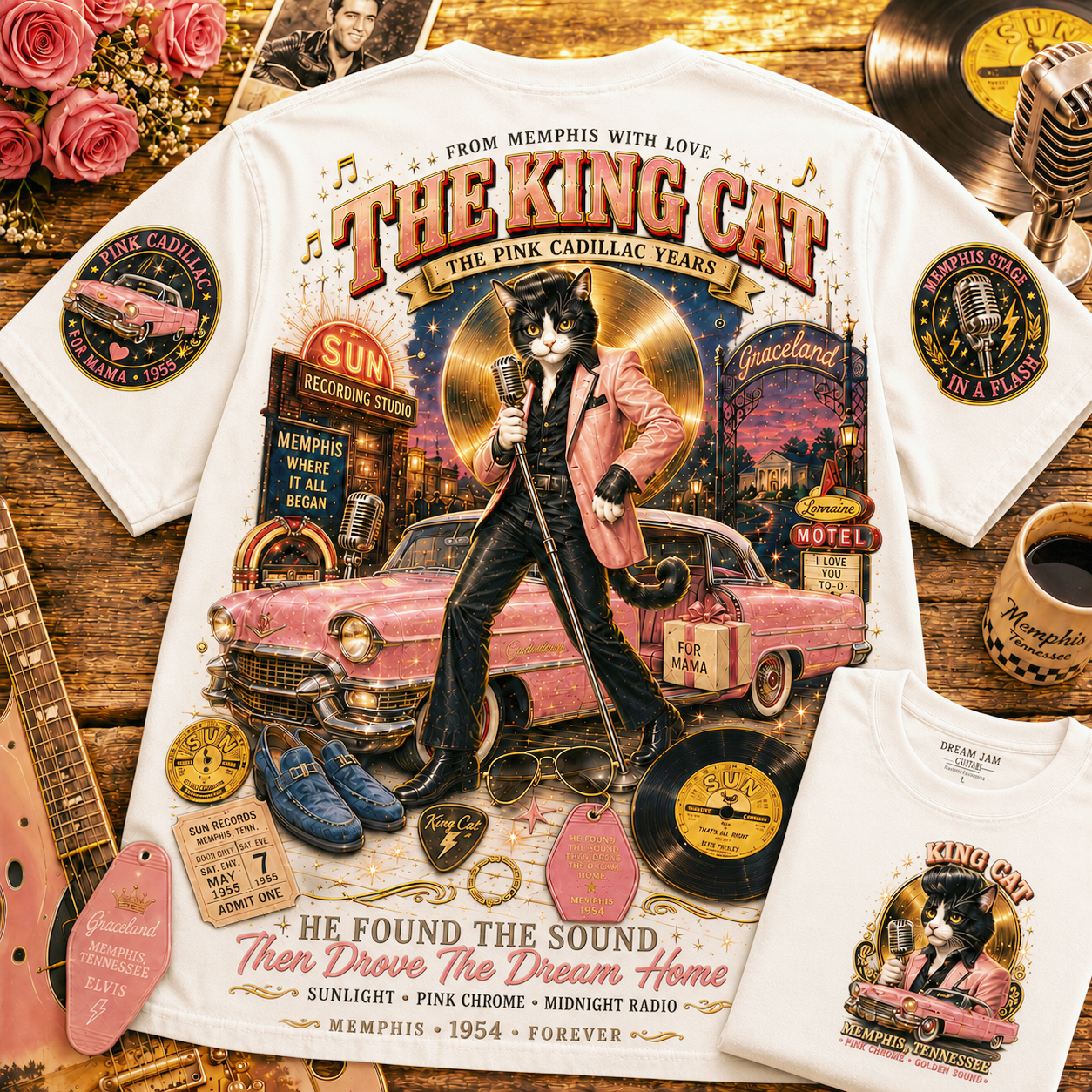 Memphis King Cat Pink Cadillac T-Shirt
