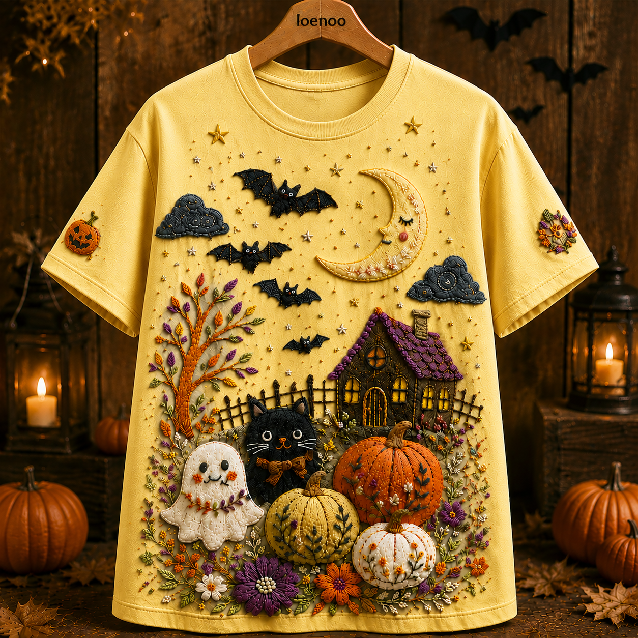 Whimsical Halloween Cat Garden Tee