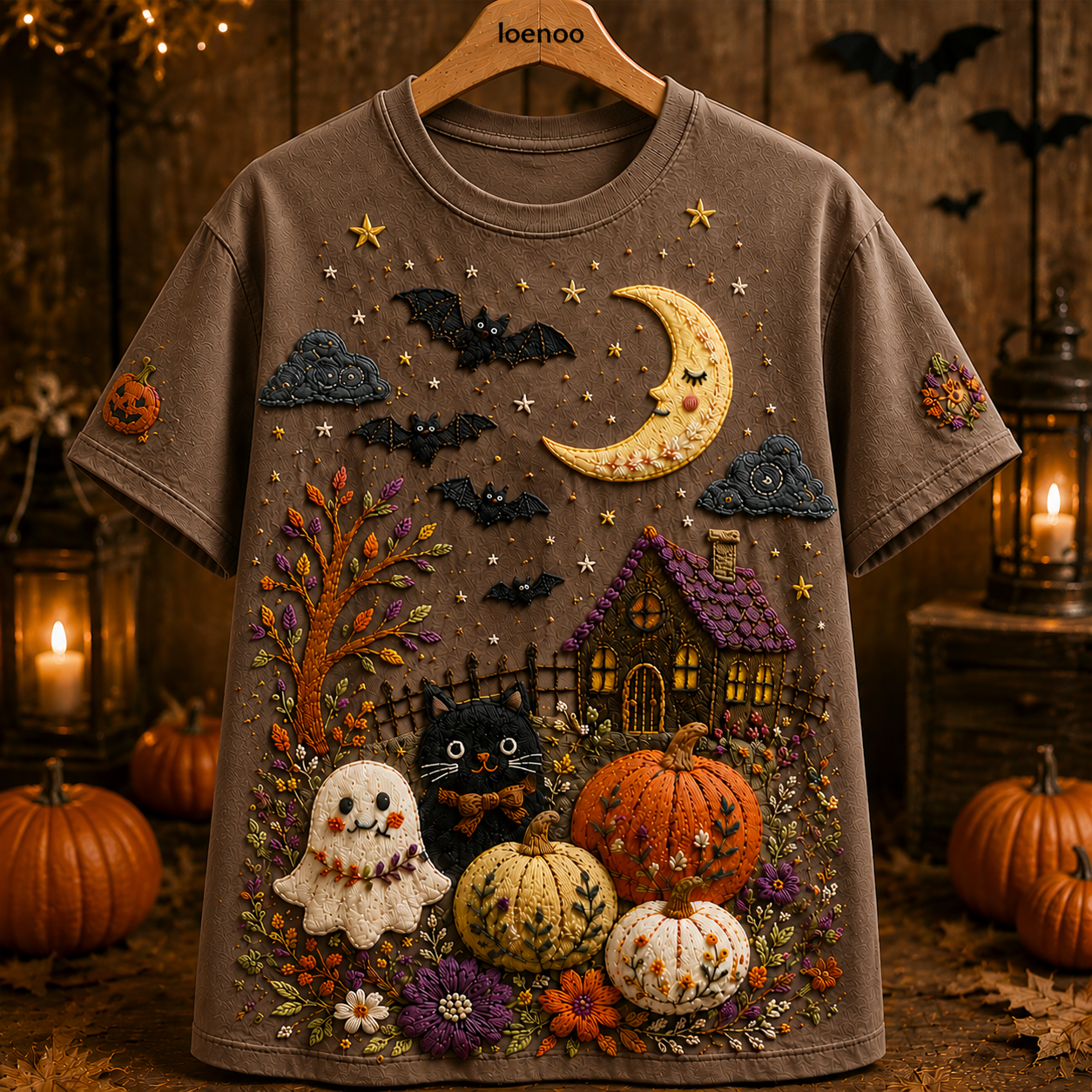 Whimsical Halloween Cat Garden Tee