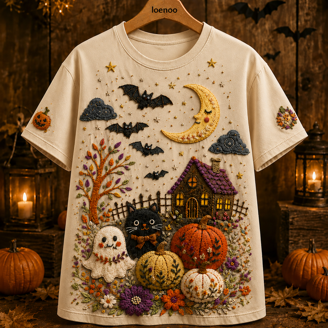 Whimsical Halloween Cat Garden Tee