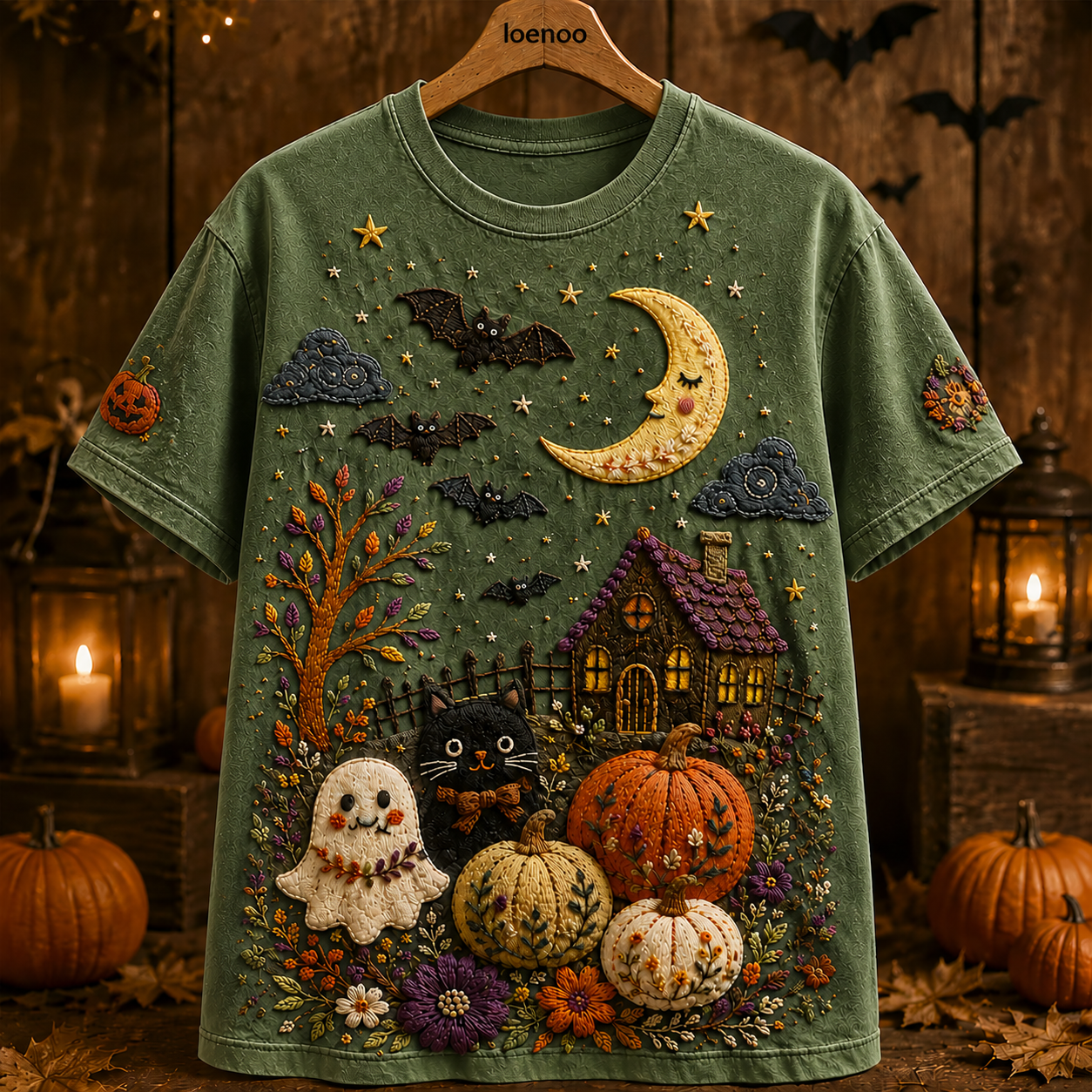 Whimsical Halloween Cat Garden Tee
