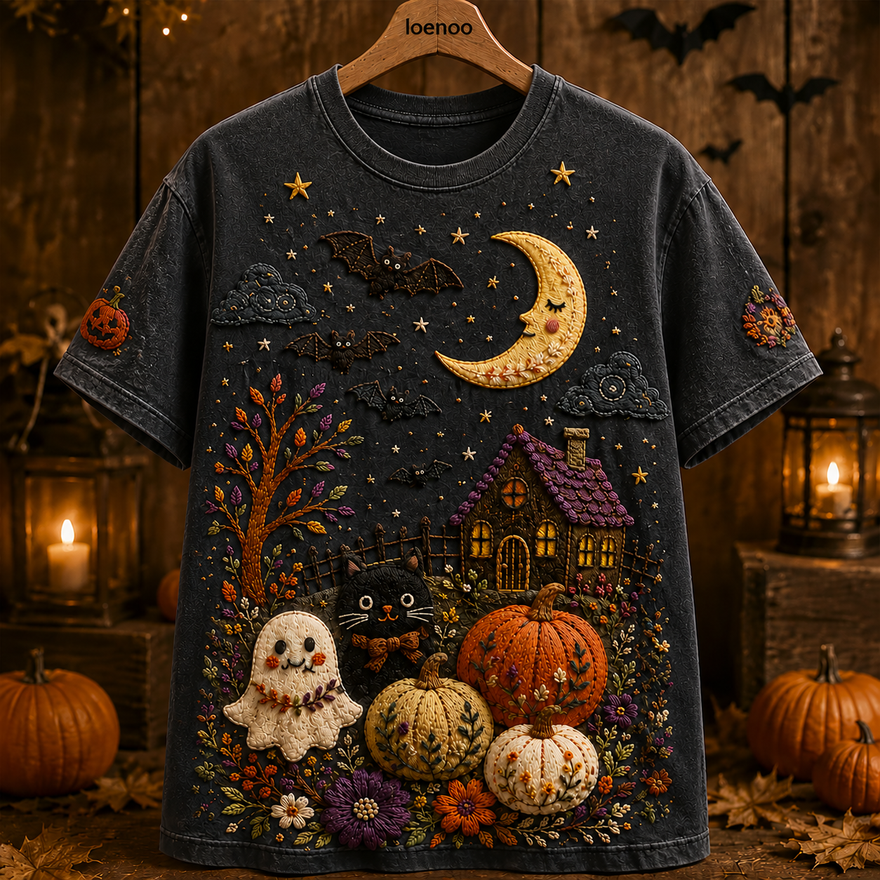 Whimsical Halloween Cat Garden Tee