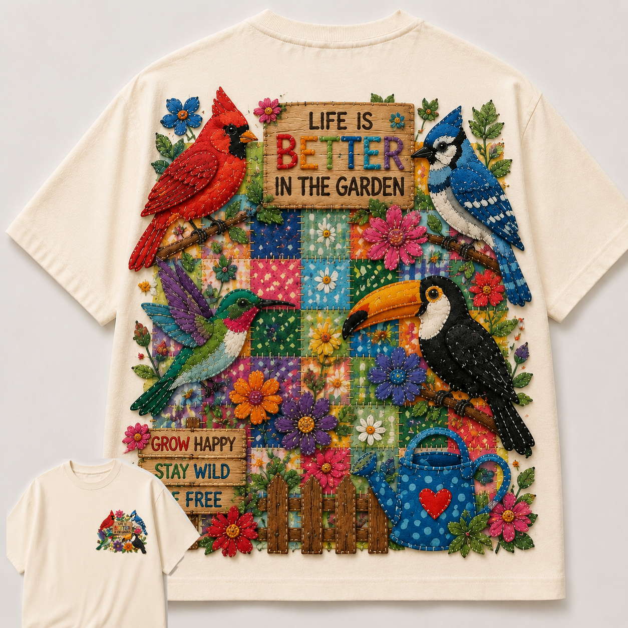 Garden Birds Patchwork Tee