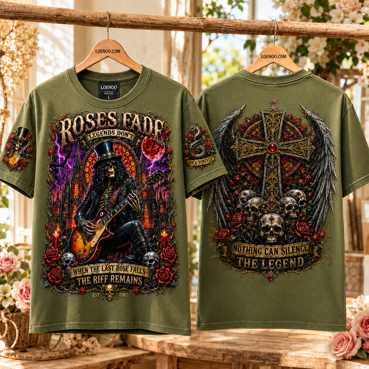 Roses & Riffs Skeleton Rock Tee
