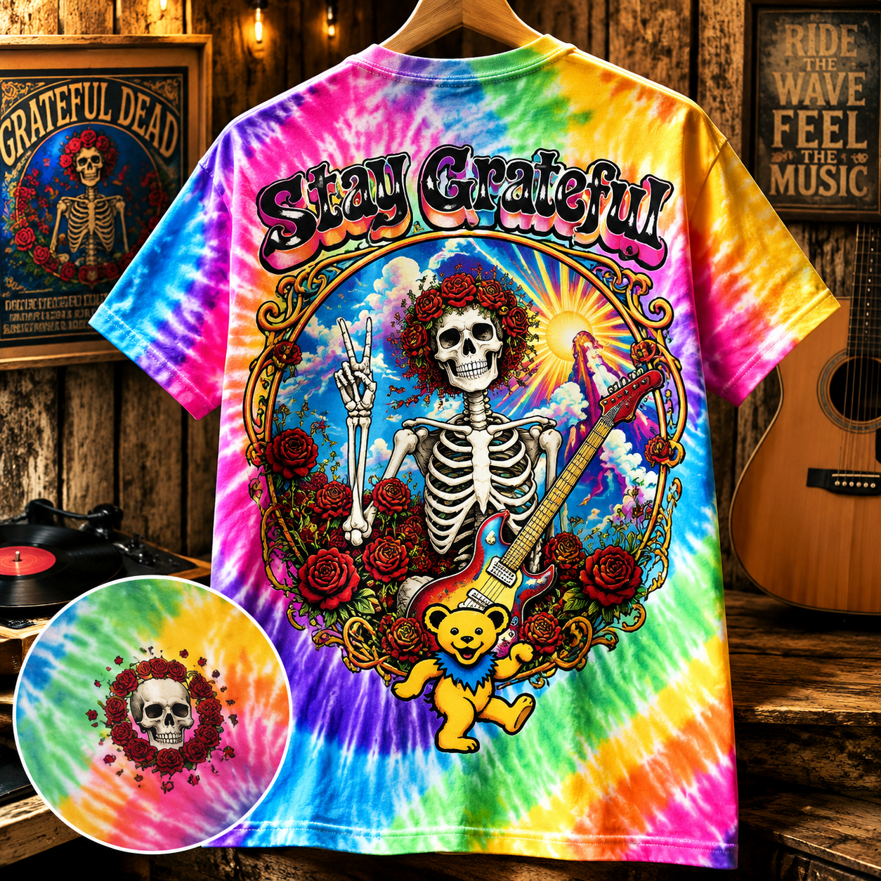 Stay Grateful Skeleton Bear Tie-Dye Tee