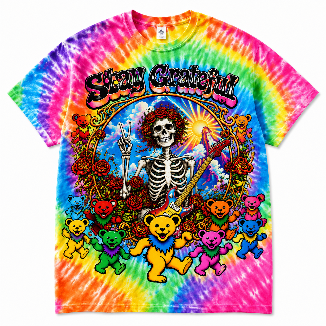 Stay Grateful Skeleton Bear Tie-Dye Tee