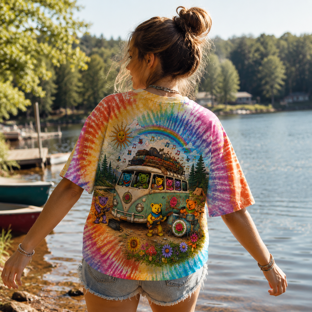 Rainbow Road Trip Bear Tie-Dye T-Shirt