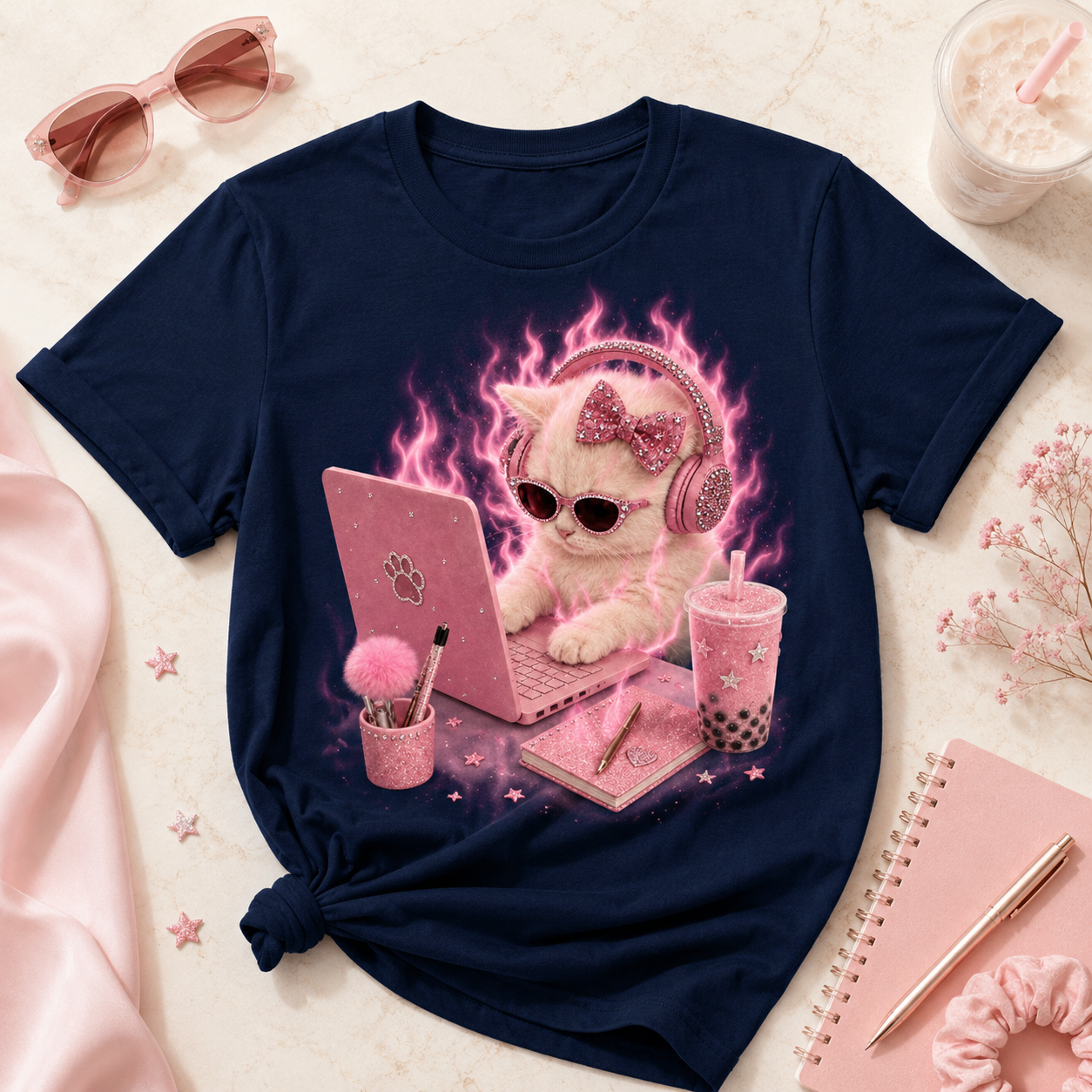 Self Care Glam Cat – Vintage Pink Cat Tee