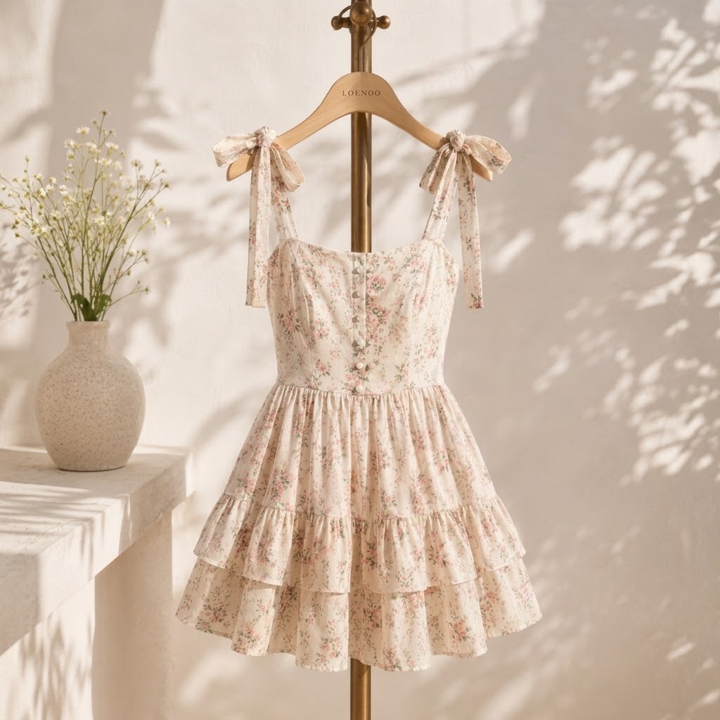 Floral Ribbon Strap Tiered Mini Dress