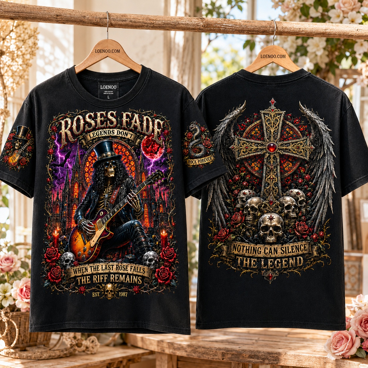 Roses & Riffs Skeleton Rock Tee