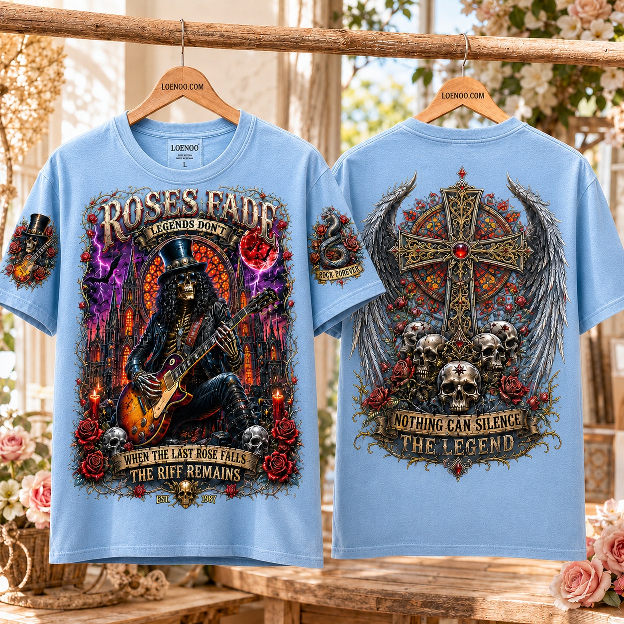 Roses & Riffs Skeleton Rock Tee
