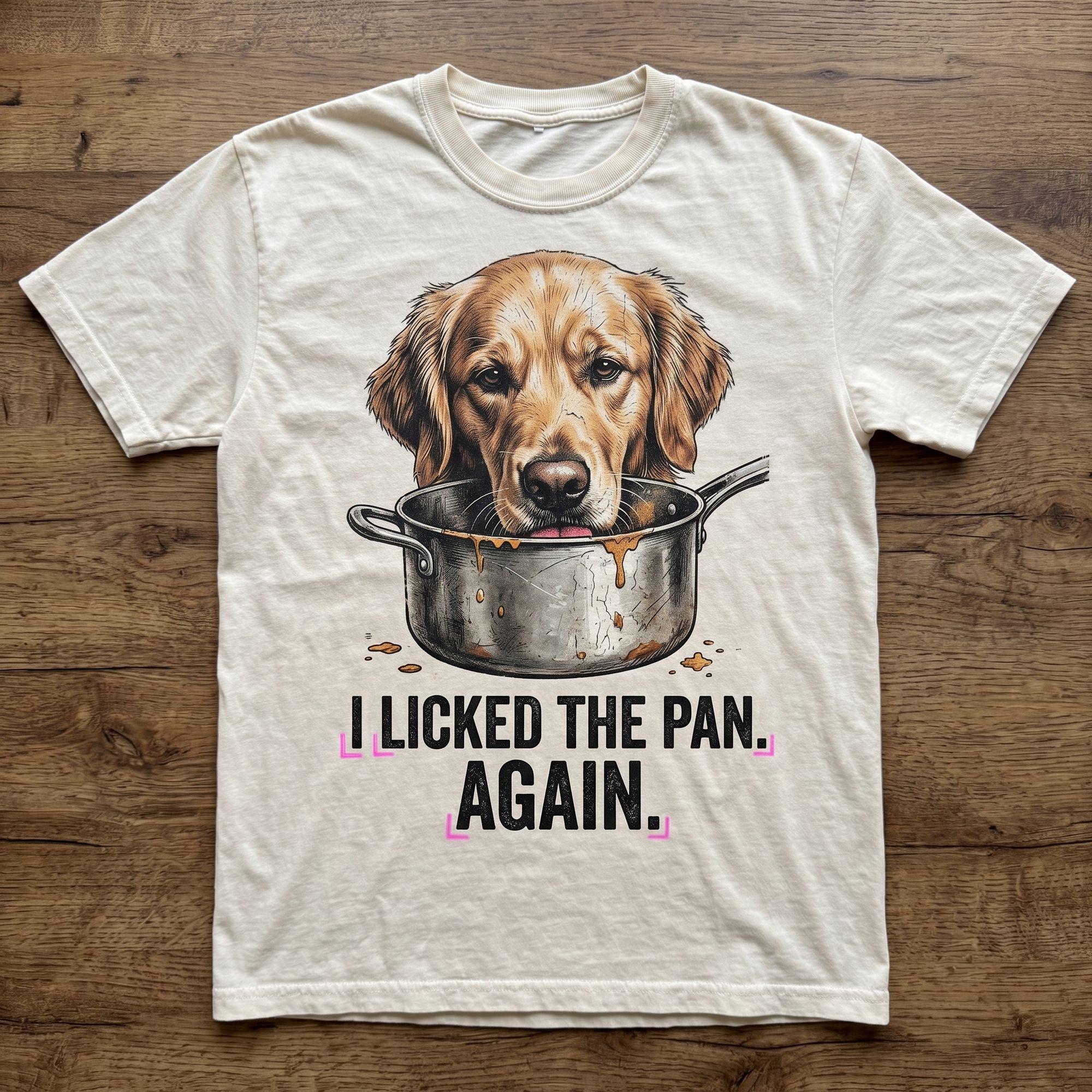 "I LICKED THE PAN. AGAIN." Dog Tee | Guilty Dog Graphic | Funny Vintage T-Shirt for Pet Lovers
