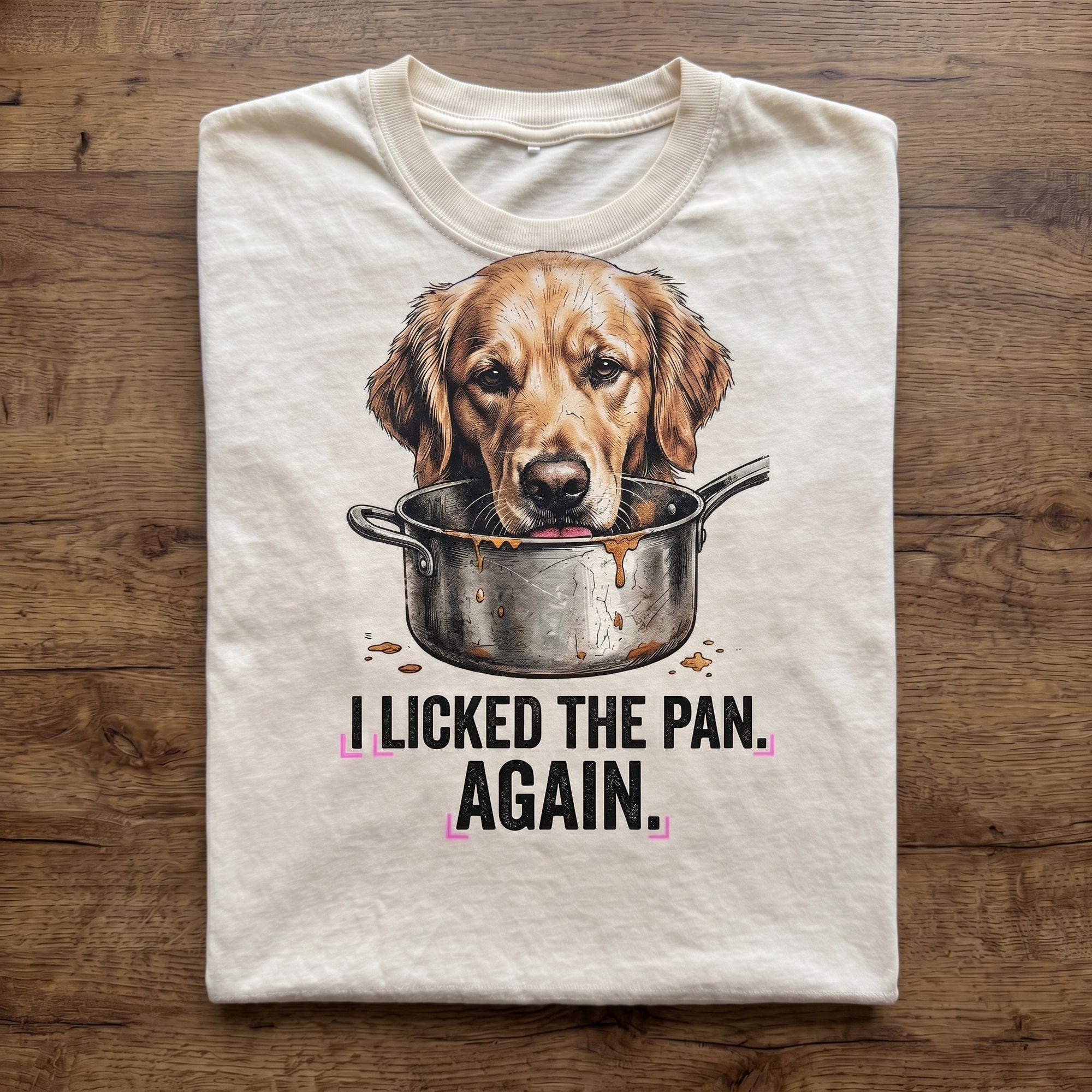 "I LICKED THE PAN. AGAIN." Dog Tee | Guilty Dog Graphic | Funny Vintage T-Shirt for Pet Lovers