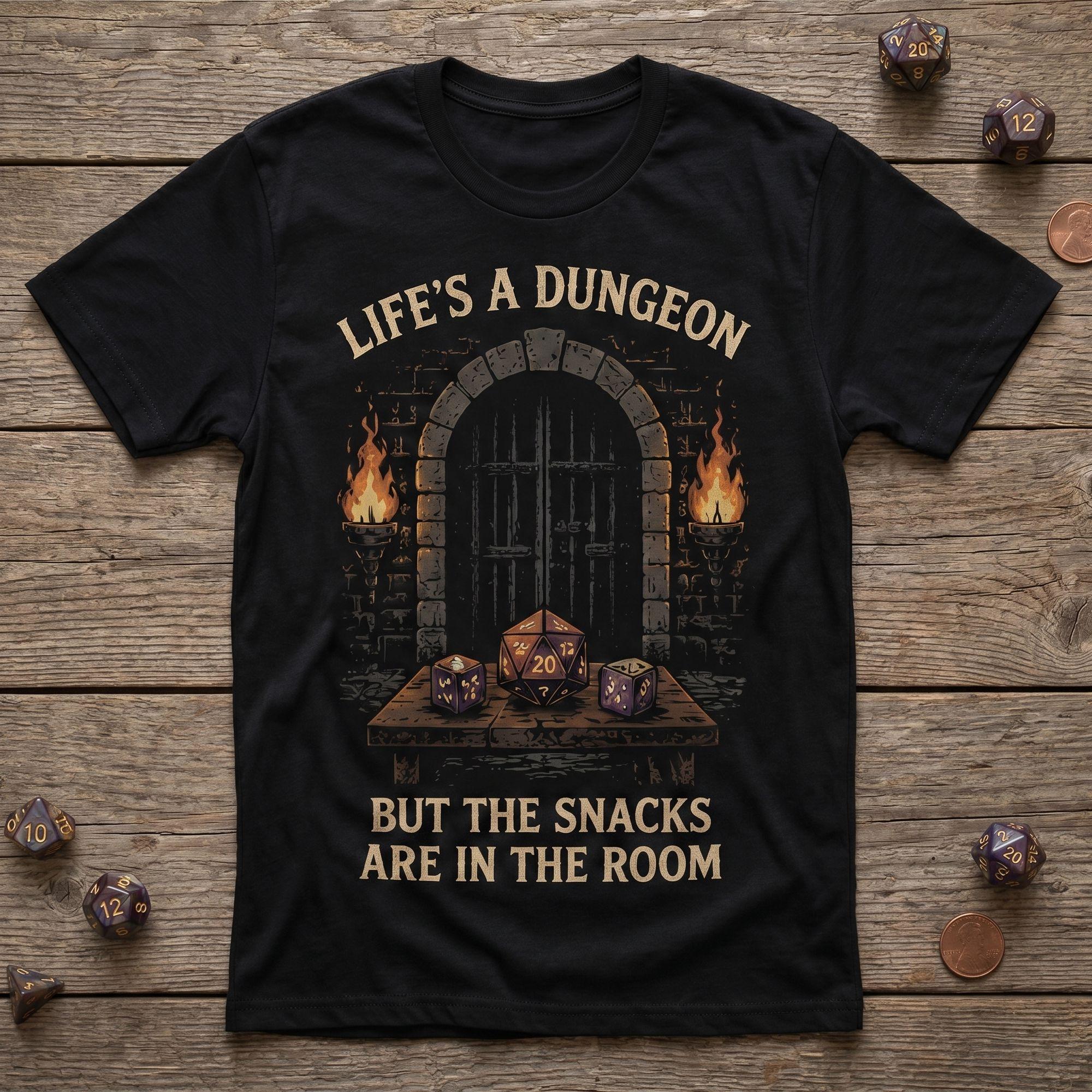 Vintage "Life's A Dungeon But The Snacks Are In The Room" D20 Dice T-shirt