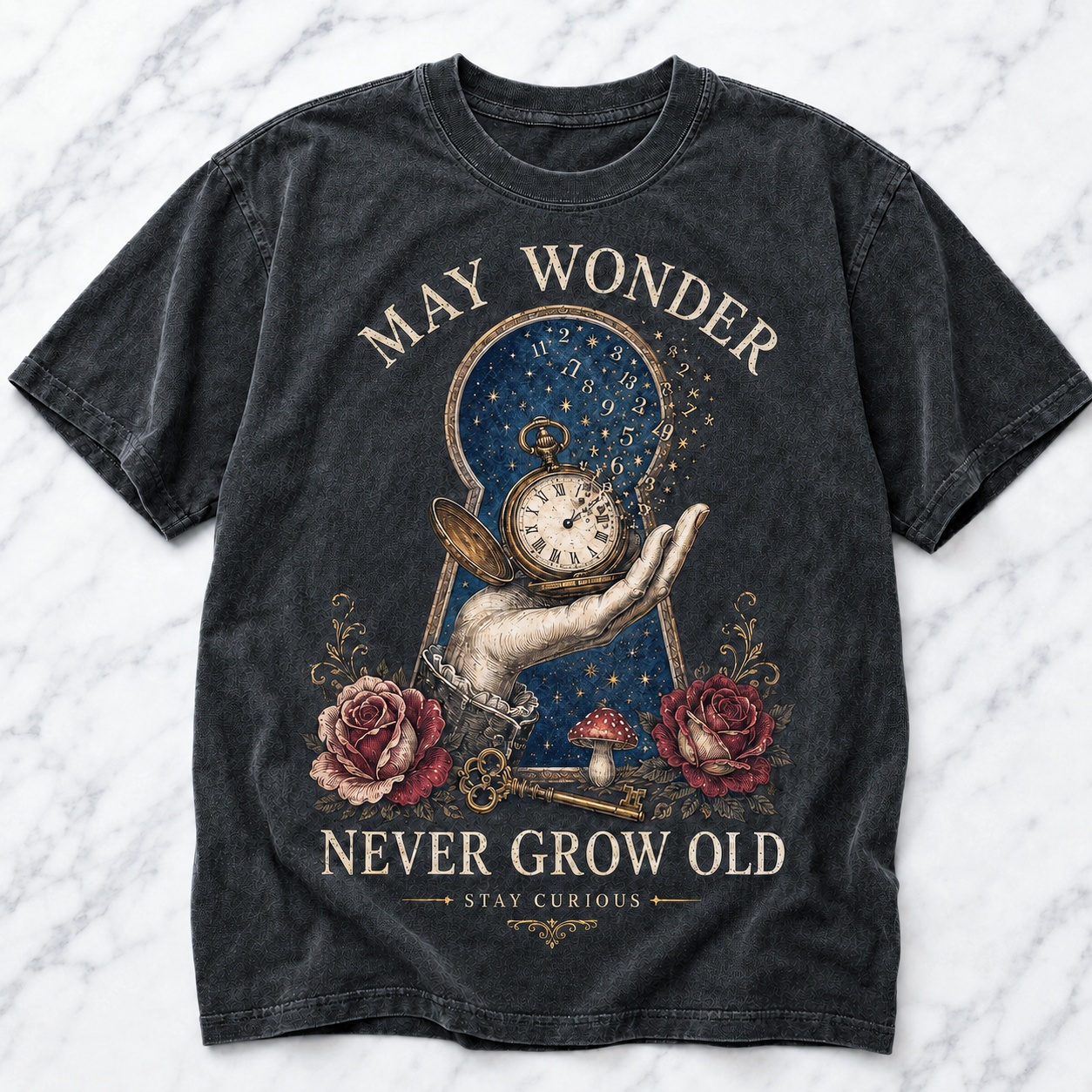 May Wonder Never Grow Old Vintage Curiosity Tee
