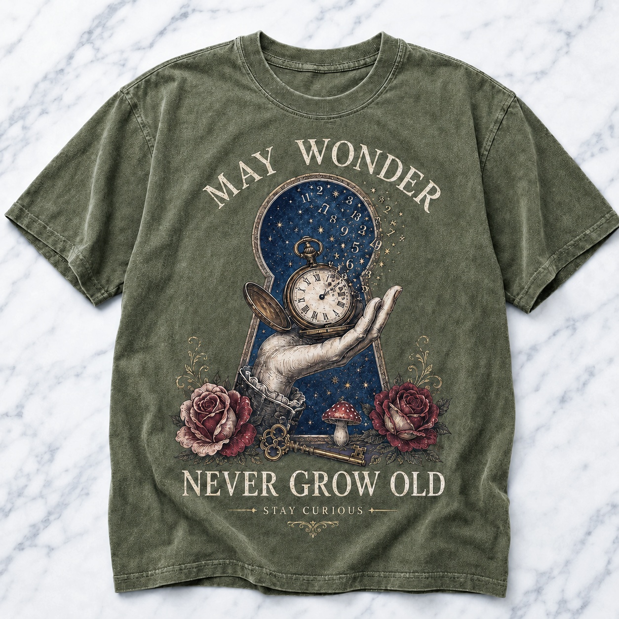 May Wonder Never Grow Old Vintage Curiosity Tee