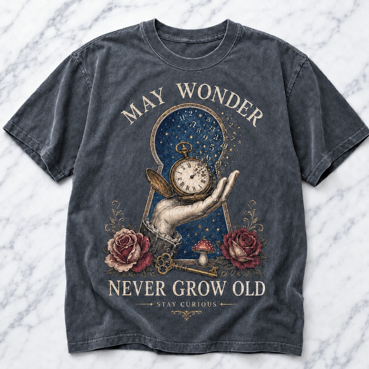 May Wonder Never Grow Old Vintage Curiosity Tee