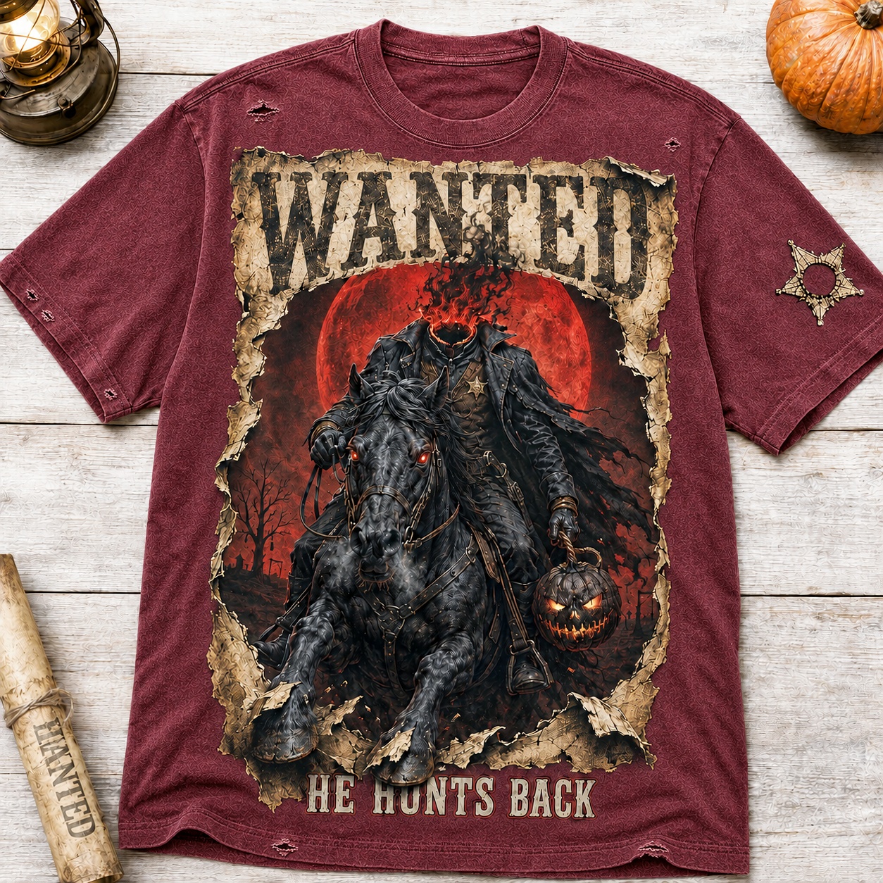 He Hunts Back Headless Horseman Halloween Tee