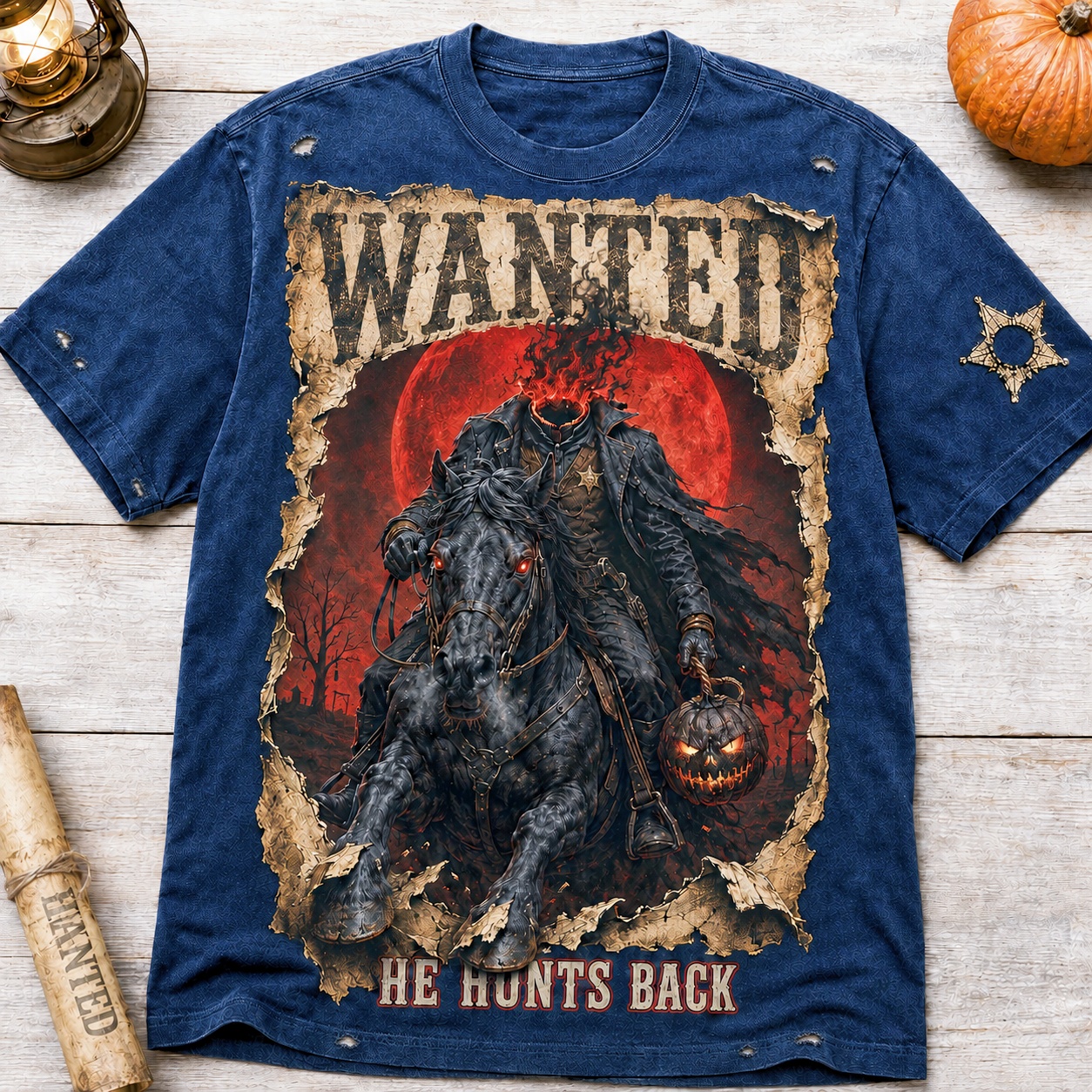 He Hunts Back Headless Horseman Halloween Tee