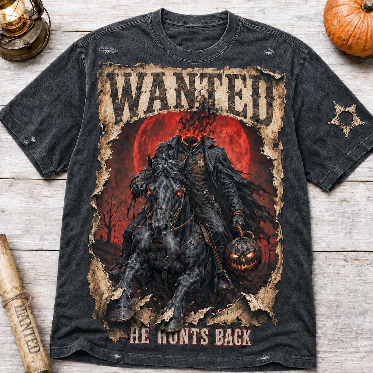 He Hunts Back Headless Horseman Halloween Tee