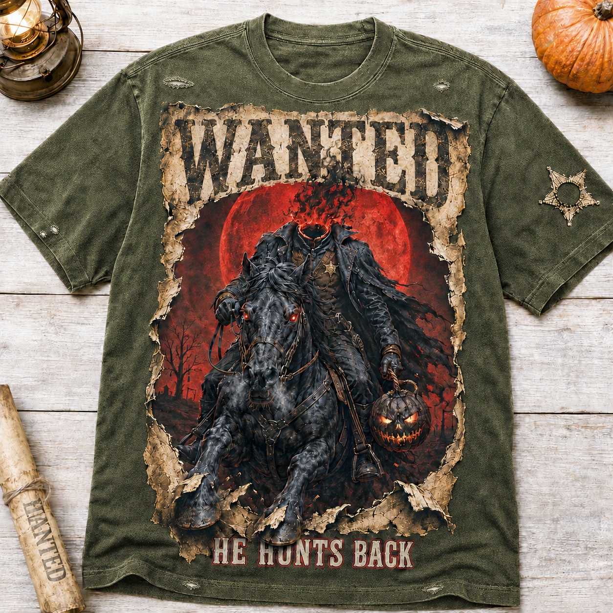 He Hunts Back Headless Horseman Halloween Tee