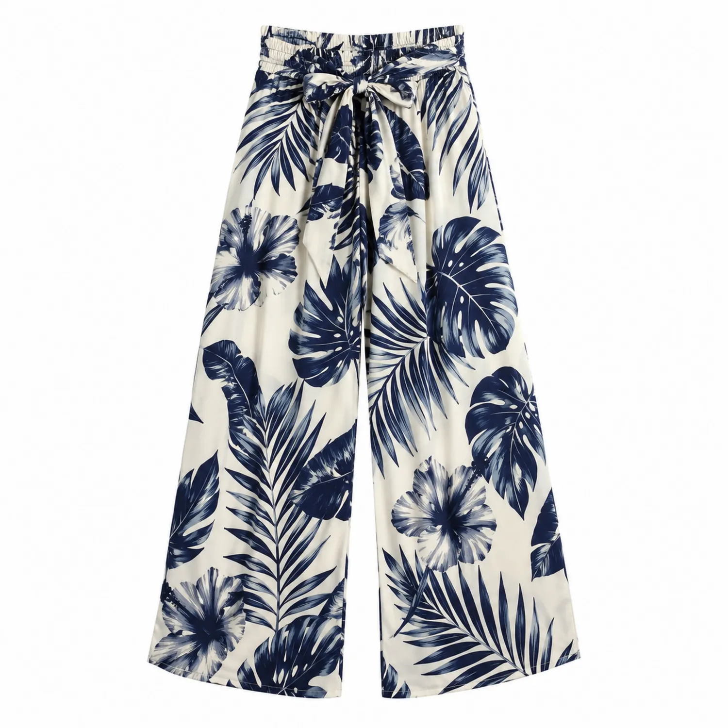 Pantalon large motif tropical bleu et blanc