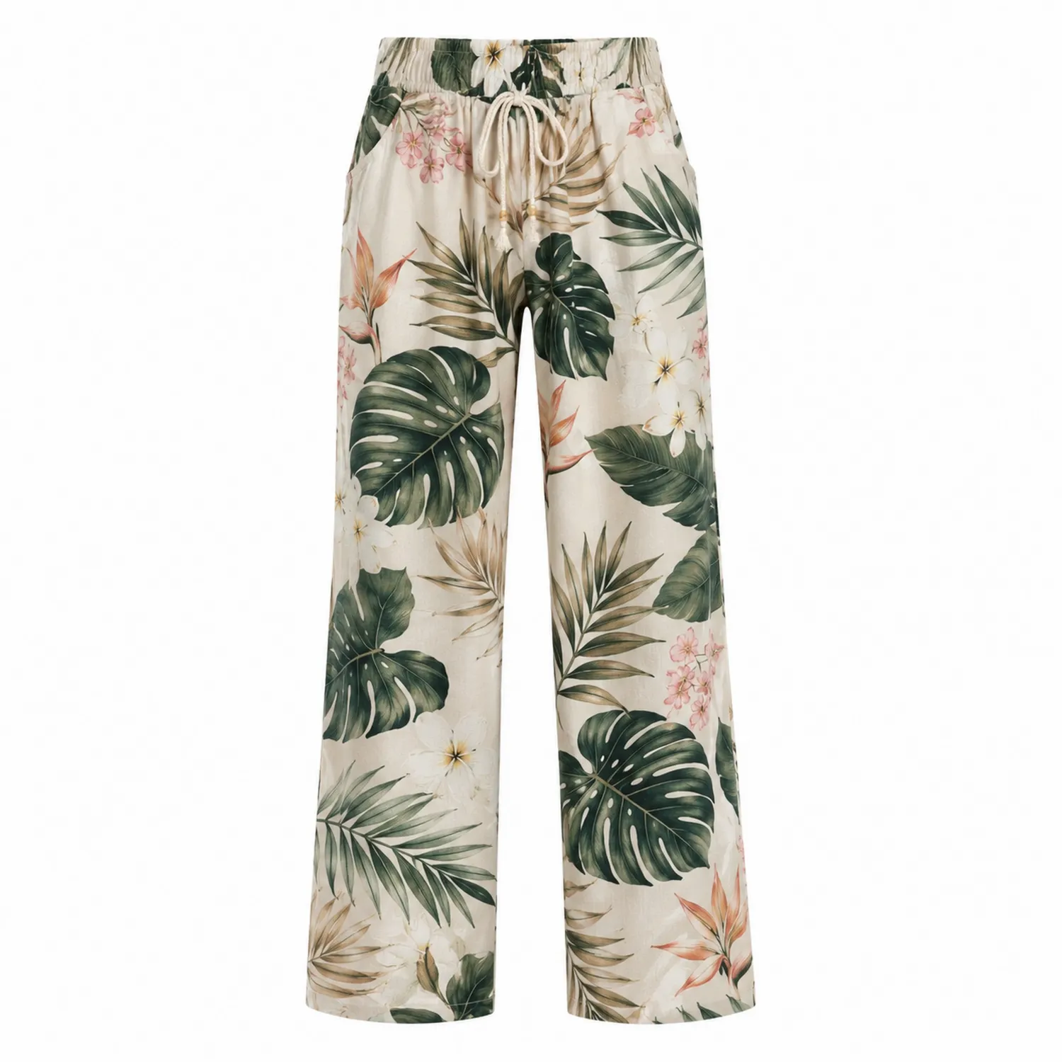 Pantalon large femme motifs tropicaux vert clair/beige