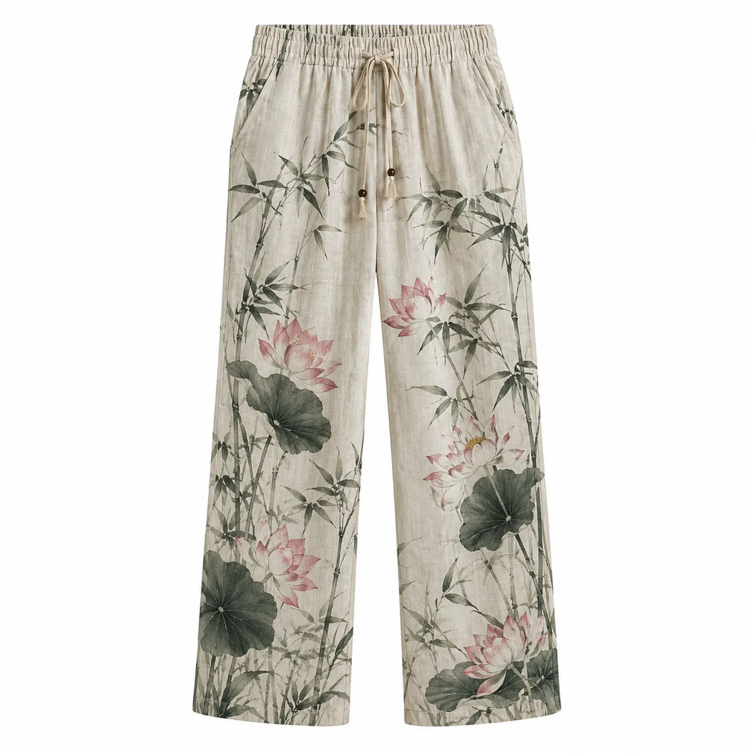 Pantalon Ample Imprimé Floral Beige/Rose/Vert