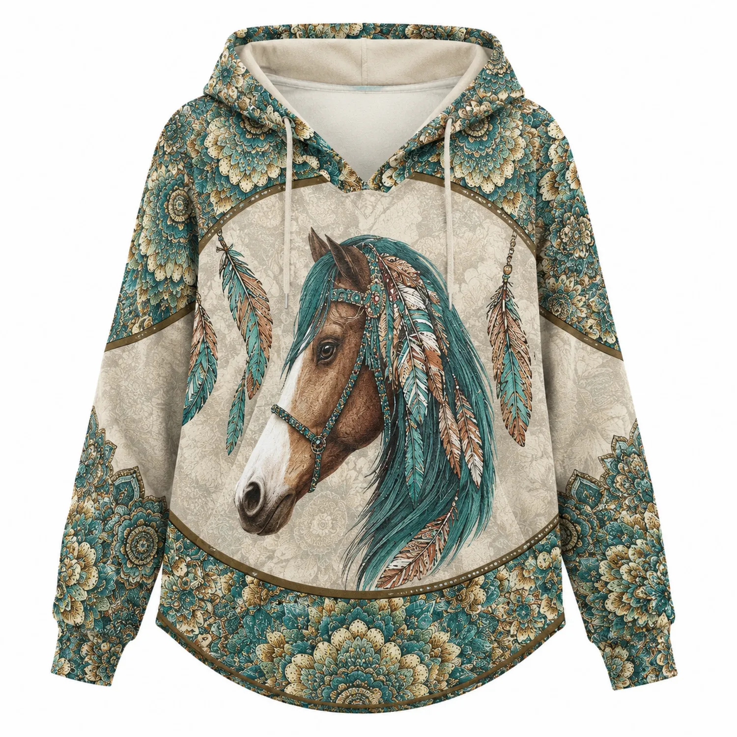 Sweat à Capuche Imprimé Cheval et Plumes - Vert/Beige