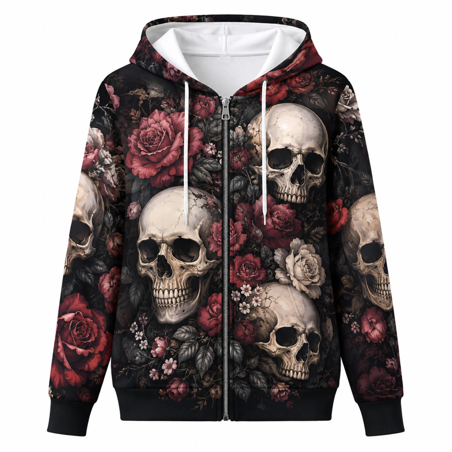 Veste à Capuche Crânes et Fleurs Noir/Rouge