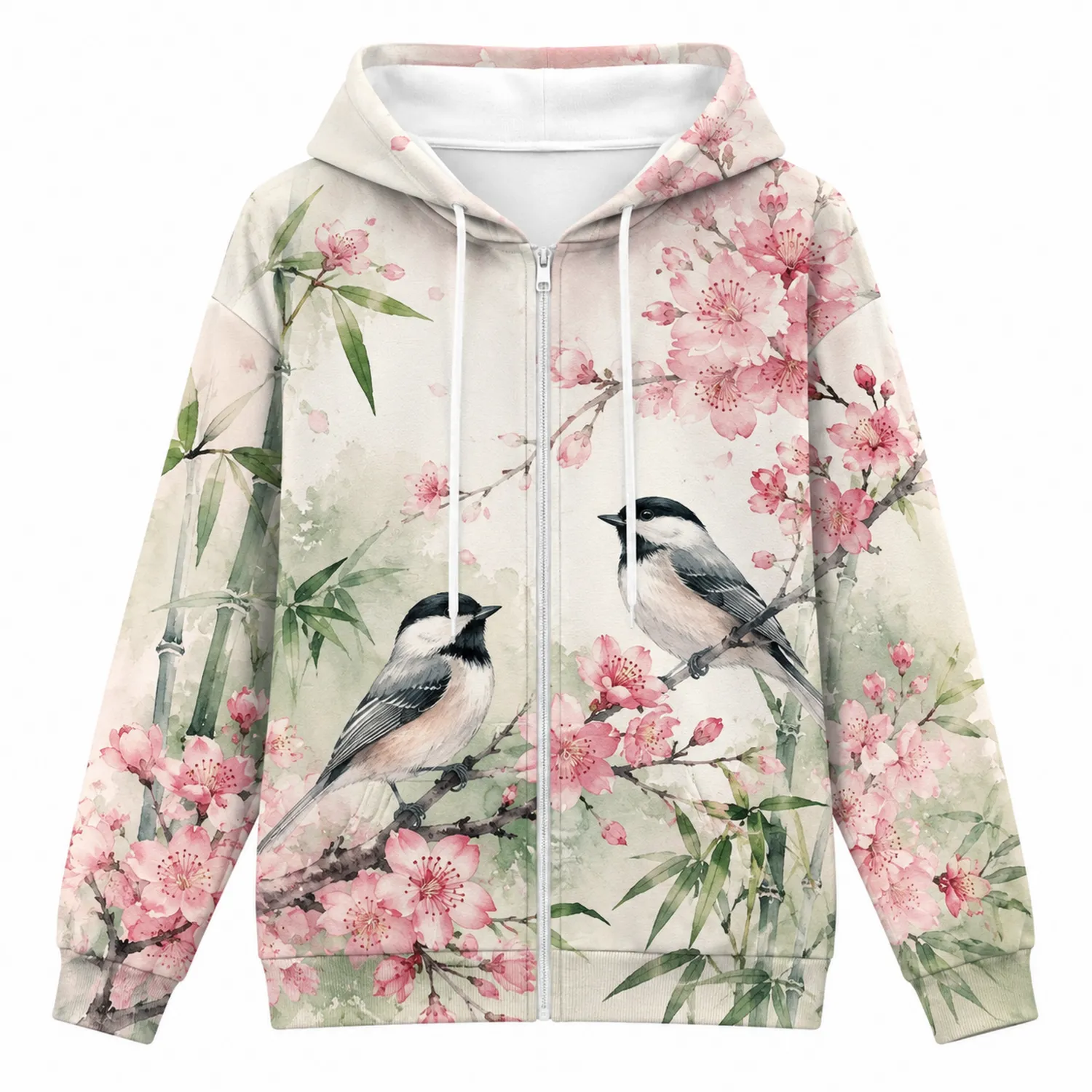 Veste à Capuche Zippée Imprimée Oiseaux et Fleurs en Rose et Vert