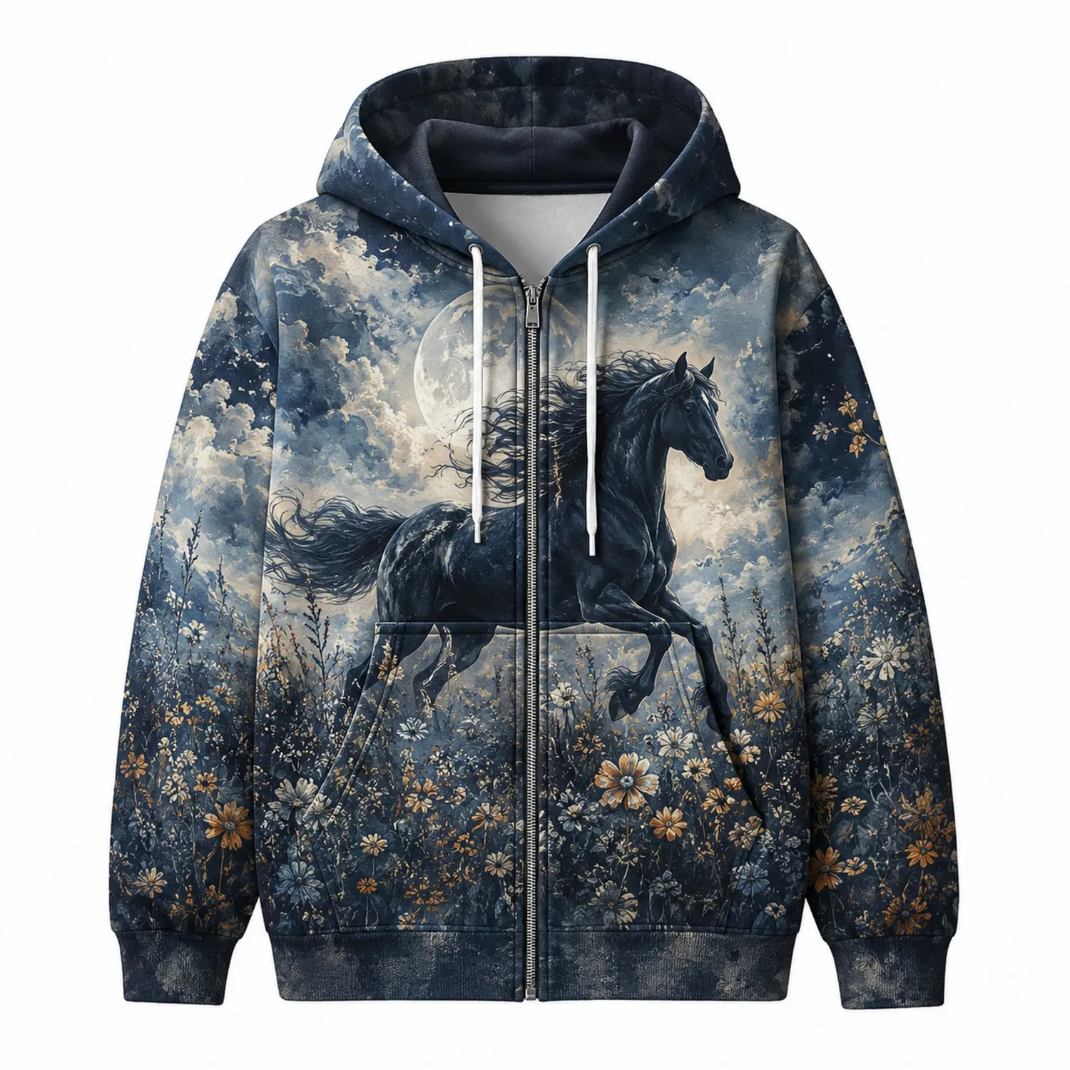 Sweat à capuche zippé motif Cheval Nocturne