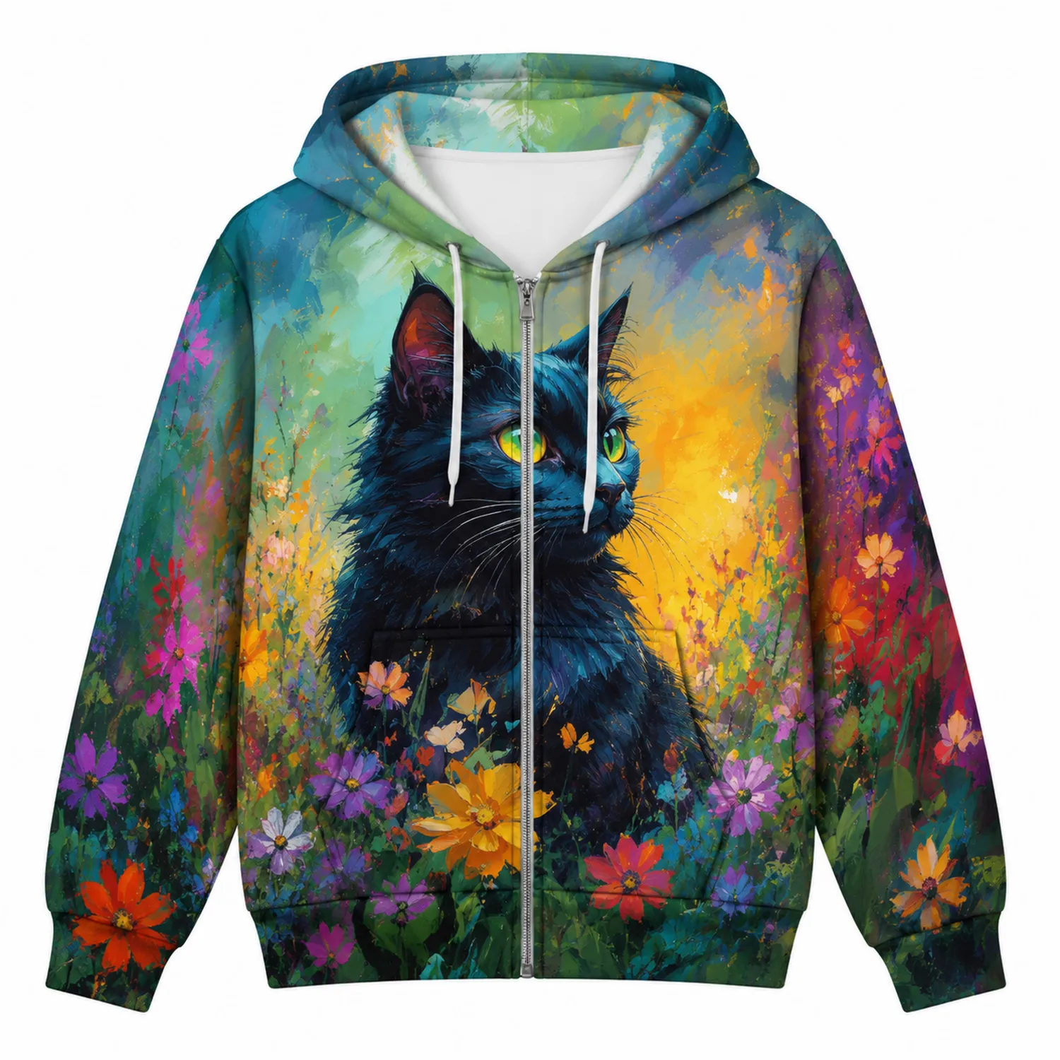 Sweat à Capuche Artiste avec Chat dans Champ de Fleurs Multicolore