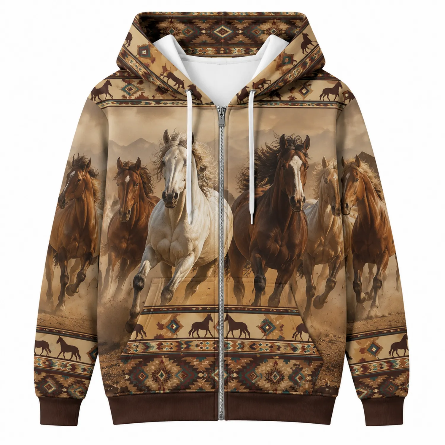 Veste à Capuche Zippée Motif Chevaux Galopants