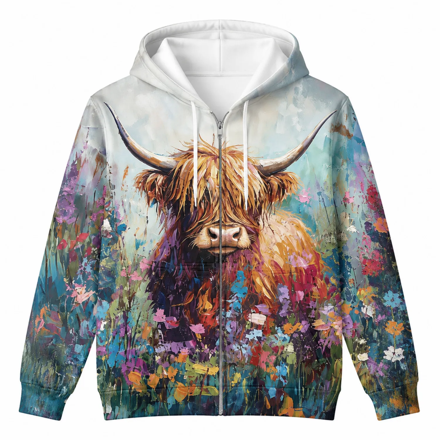 Veste à capuche zippée avec motif de vache Highland multicolore