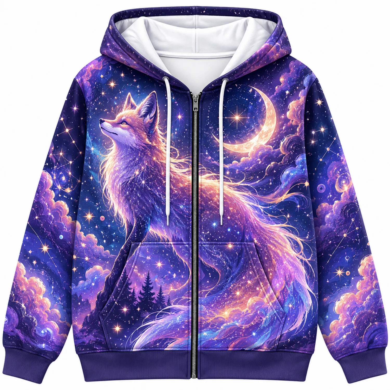 Sweat à Capuche Renard Galactique avec Étoiles Violet