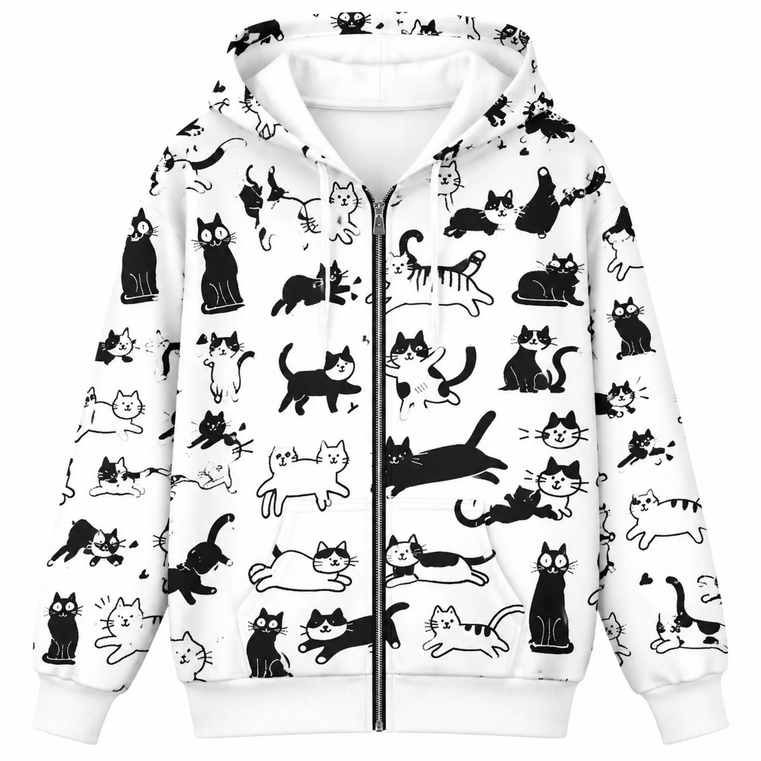 Sweat à Capuche Blanc avec Impressions de Chats Noirs