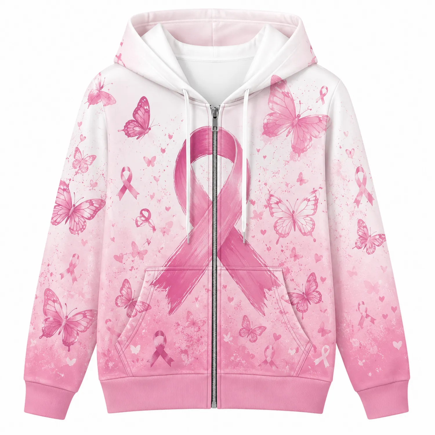 Sweat à Capuche Ruban Rose avec Papillons et Fermeture Éclair