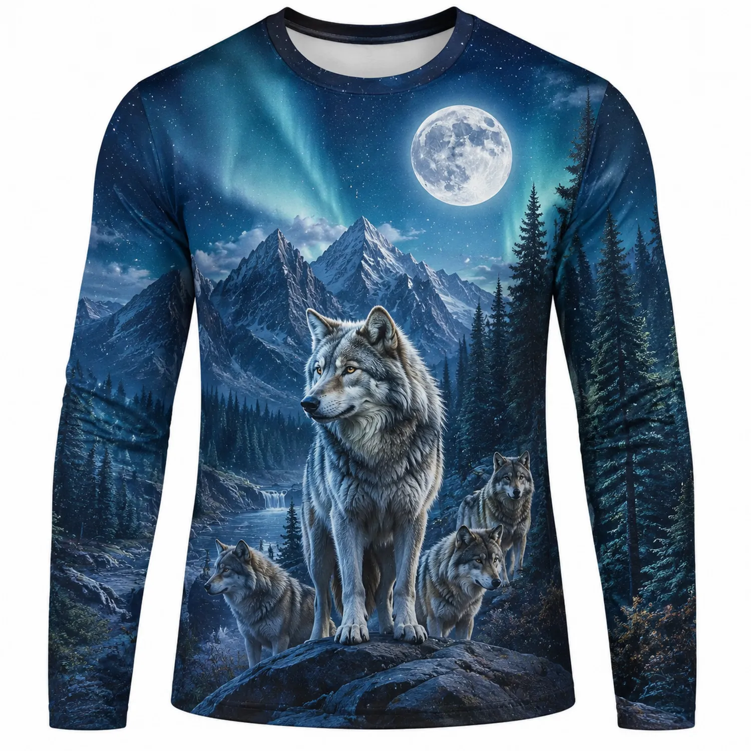 T-shirt à manches longues motif loup paysage montagne bleu gris