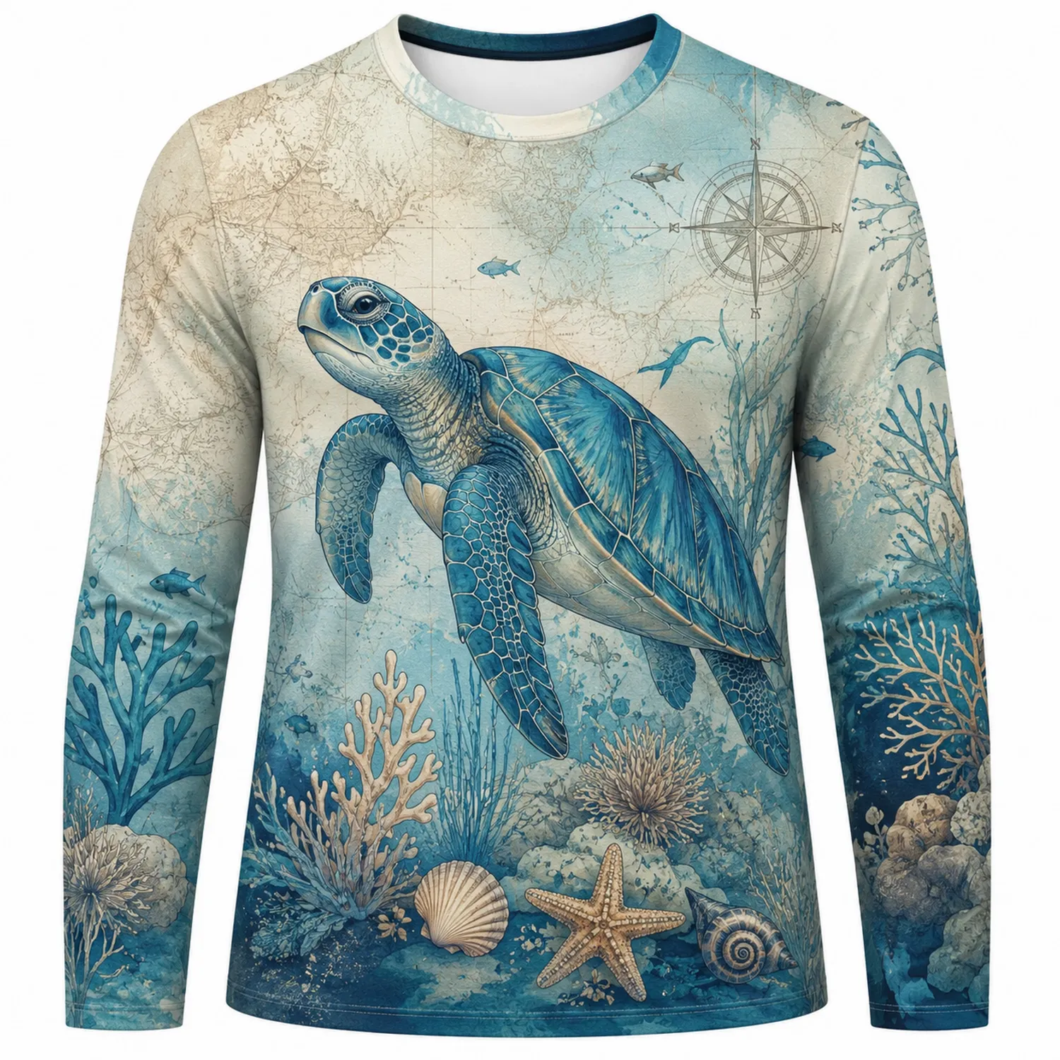 T-shirt à Manches Longues Imprimé Tortue Bleu Océan et Sable