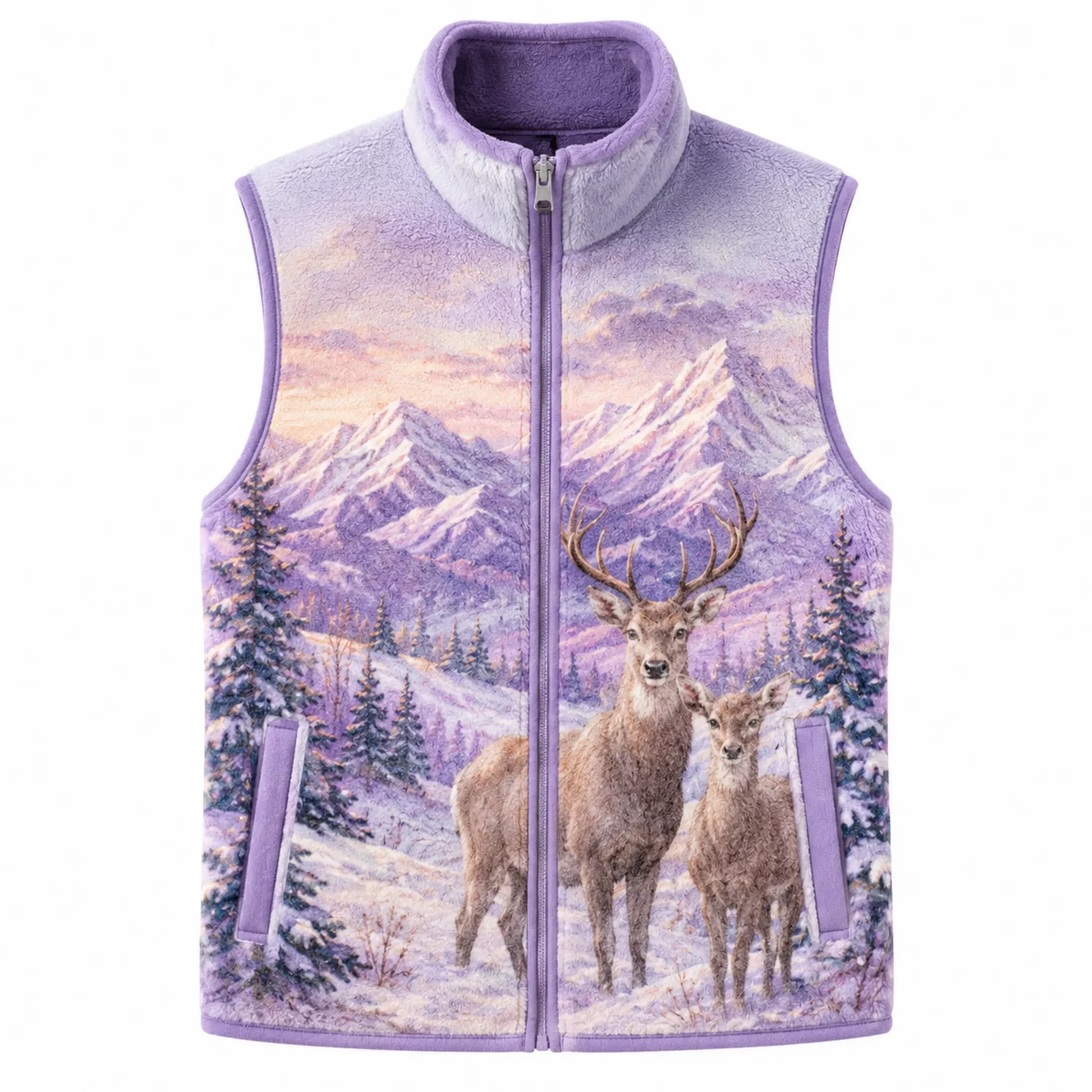 Gilet Sans Manches Motif Cerfs Montagne Lavande