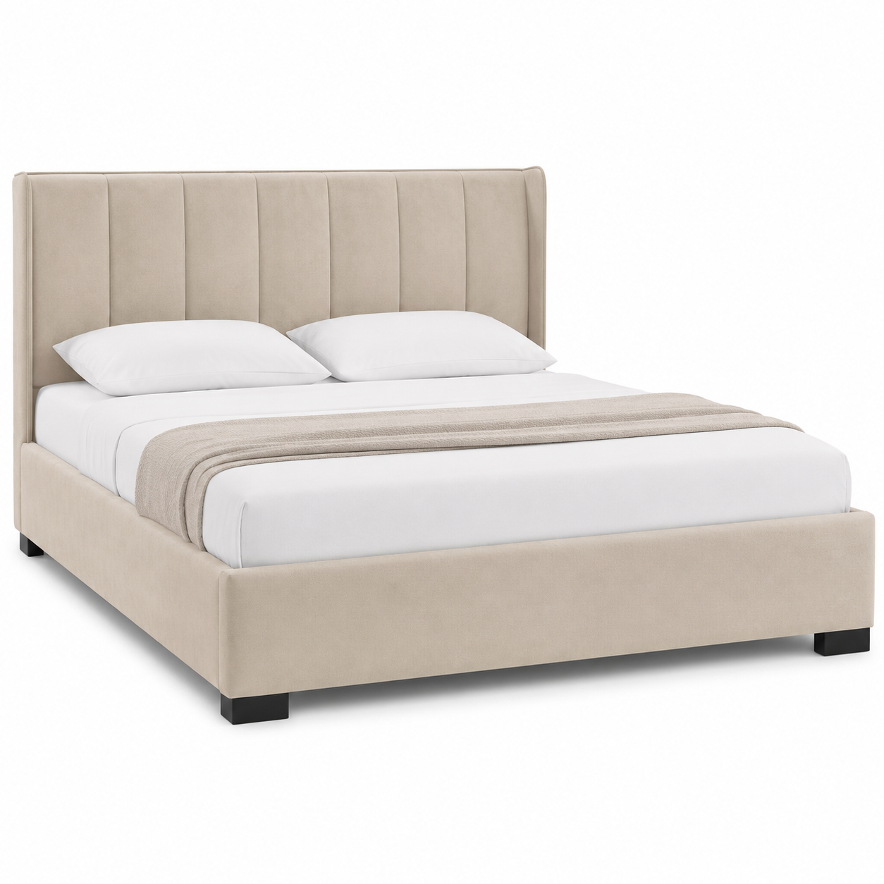 Polsterbett Samt Beige 140x200 cm mit hohem Kopfteil