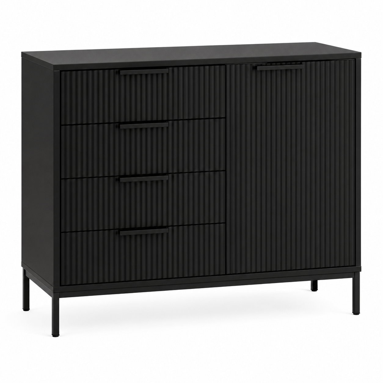 Kommode Schwarz 100 cm mit geriffelten Fronten