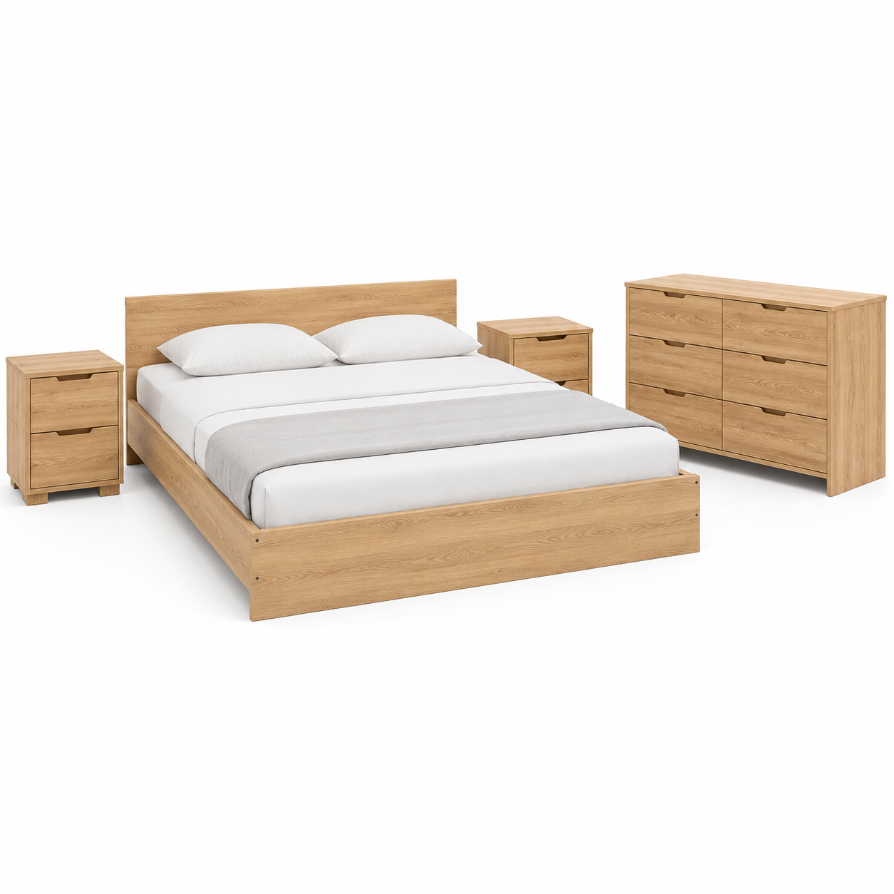 Schlafzimmer Set Eiche Natur mit Bett Nachttischen und Kommode