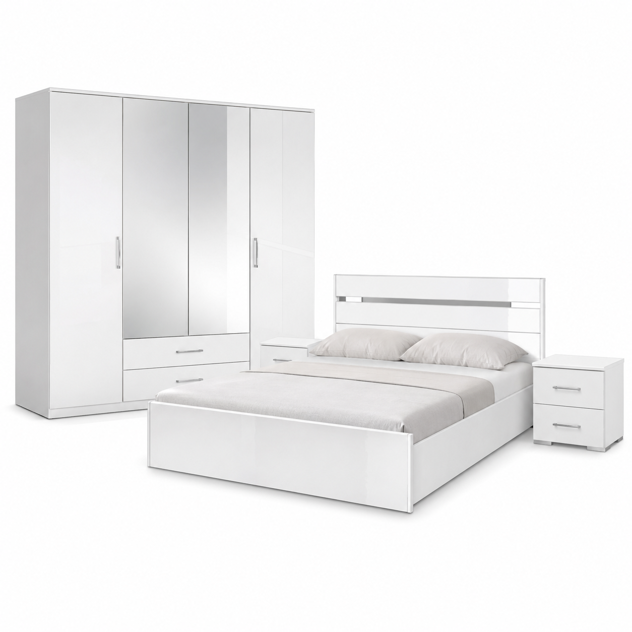 Schlafzimmer Set Weiß Hochglanz mit Kleiderschrank und Bett