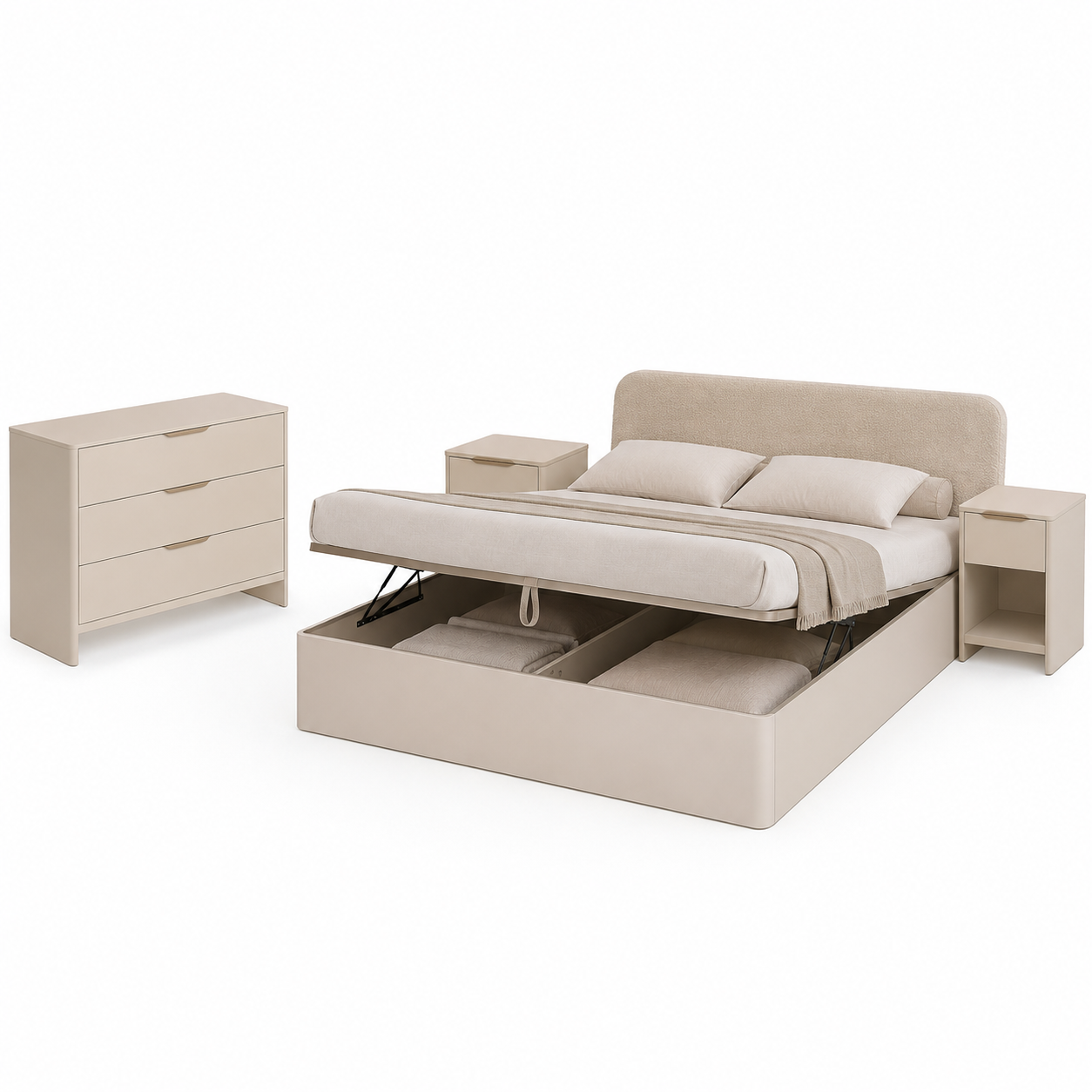Japandi Schlafzimmer Set Sandbeige mit Stauraumbett