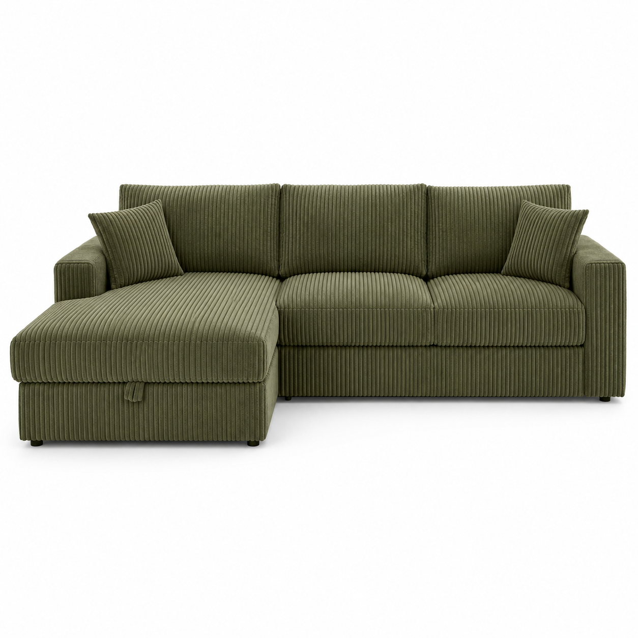Ecksofa in Breitcord Moosgrün mit Longchair links und Stauraum 265 x 170 x 83 cm