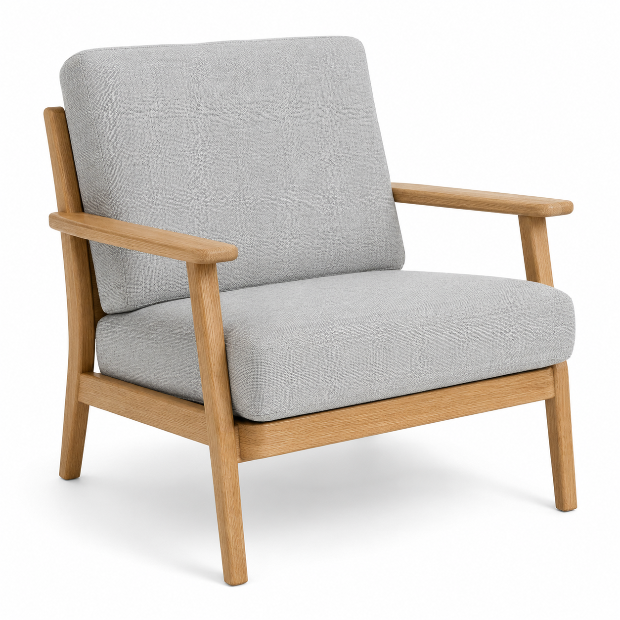 Skandinavischer Sessel in Webstoff Hellgrau mit Eichenarmlehnen 74 x 82 x 85 cm