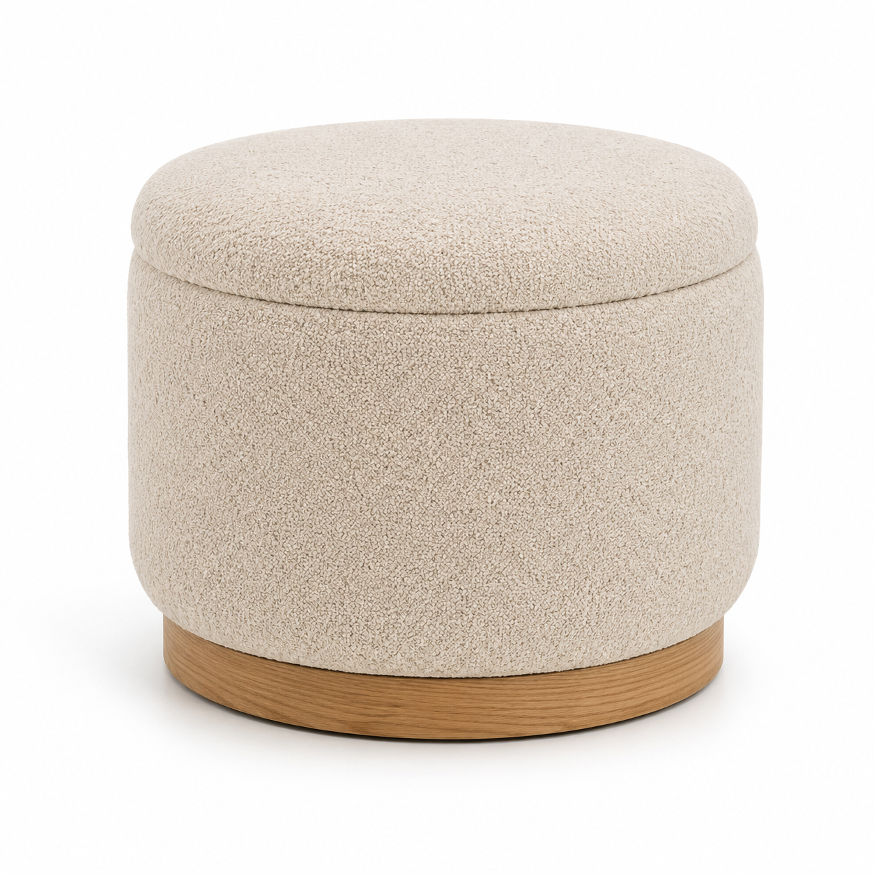 Pouf in Bouclé Beige mit Stauraum und Holzsockel 55 x 55 x 42 cm-VellureCasa