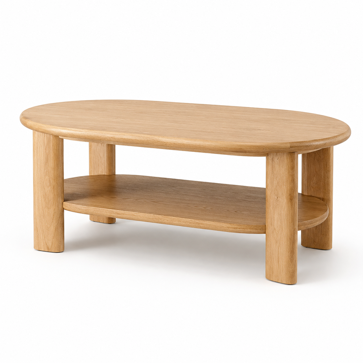 Japandi Couchtisch in Eiche Natur oval mit Ablageboden 110 x 60 x 40 cm